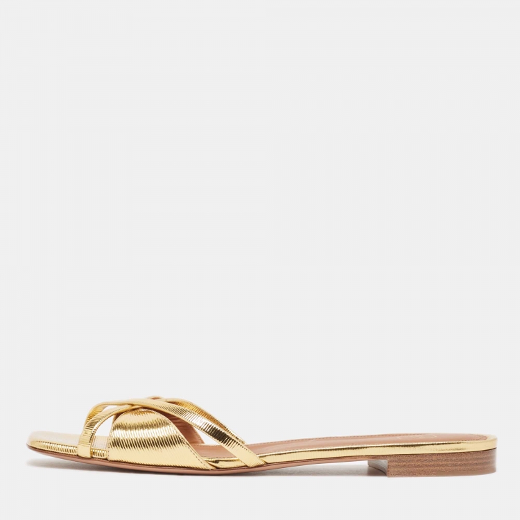 Pre Owned Malone Souliers Gold Textured Leather Penn Flat Slides Size 41