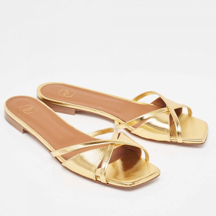 Pre Owned Malone Souliers Gold Textured Leather Penn Flat Slides Size 41