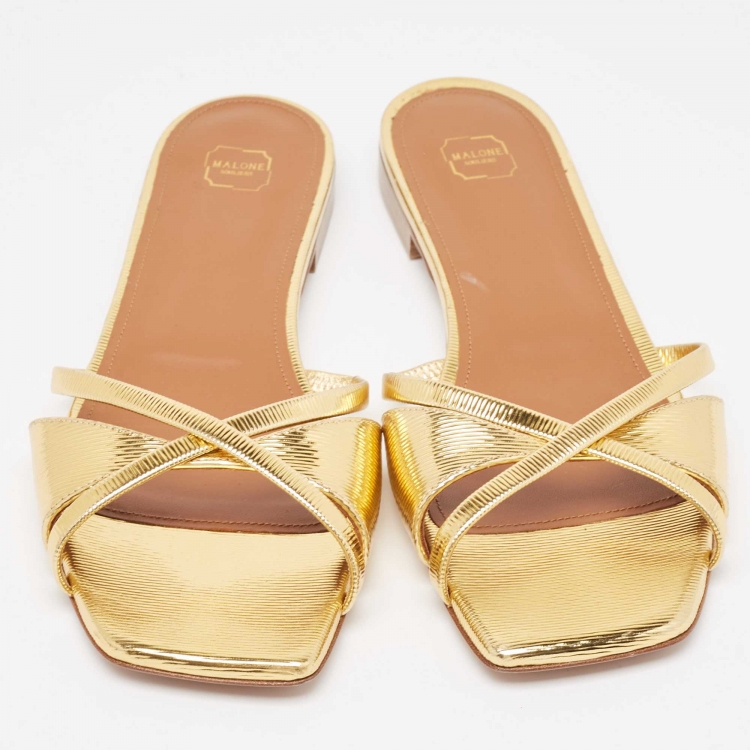 Pre Owned Malone Souliers Gold Textured Leather Penn Flat Slides Size 41