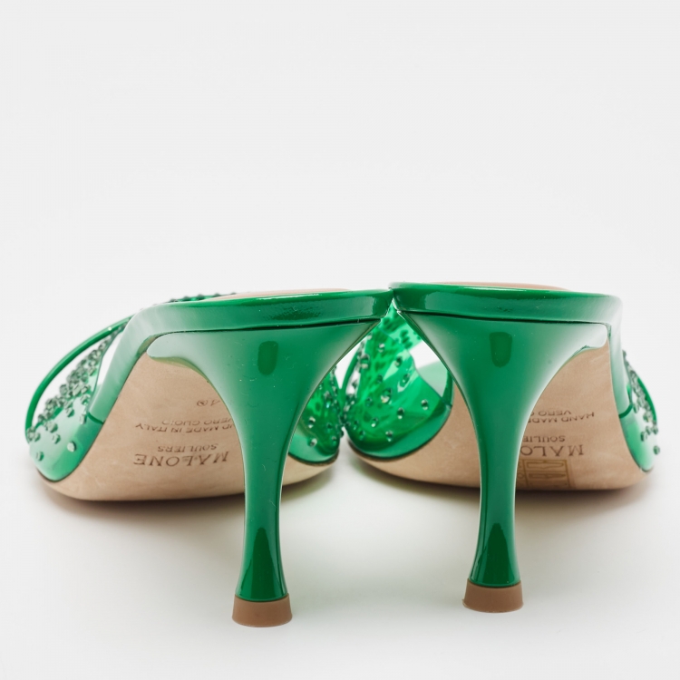 Pre Owned Malone Souliers Green PVC and Patent Leather Embellished Open Toe Slide Sandals Size 40
