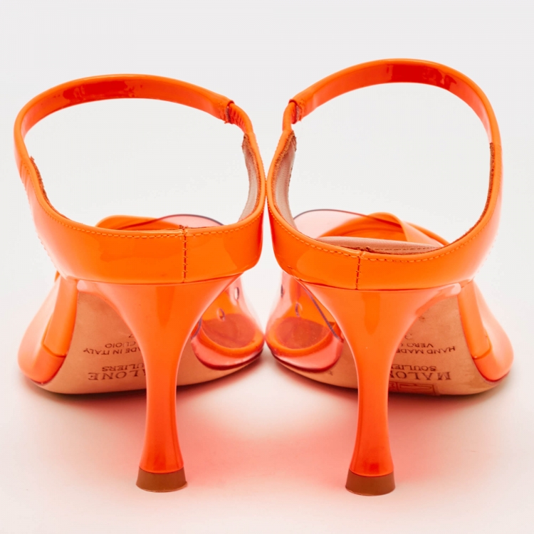 Pre Owned Malone Souliers Neon Orange PVC and Patent Leather Iona Mules Size 37