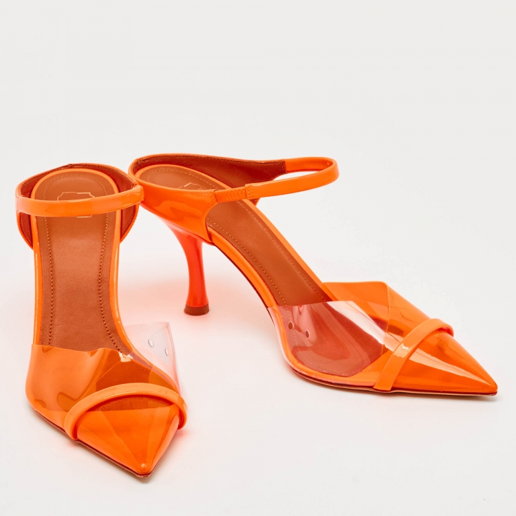 Pre Owned Malone Souliers Neon Orange PVC and Patent Leather Iona Mules Size 37
