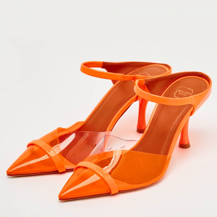 Pre Owned Malone Souliers Neon Orange PVC and Patent Leather Iona Mules Size 37