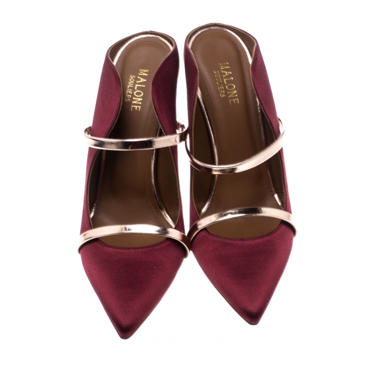 Pre Owned Malone Souliers Burgundy Satin Maureen Pointed Toe Mules Size 39.5