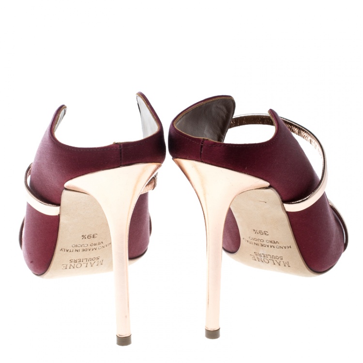 Pre Owned Malone Souliers Burgundy Satin Maureen Pointed Toe Mules Size 39.5