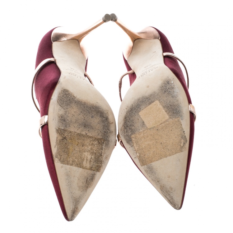 Pre Owned Malone Souliers Burgundy Satin Maureen Pointed Toe Mules Size 39.5