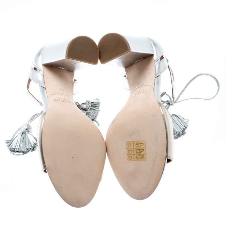 Pre Owned Malone Souliers Metallic Silver/Gold Leather Gladys Ankle Tassel Wrap Open Toe Sandals Size 37