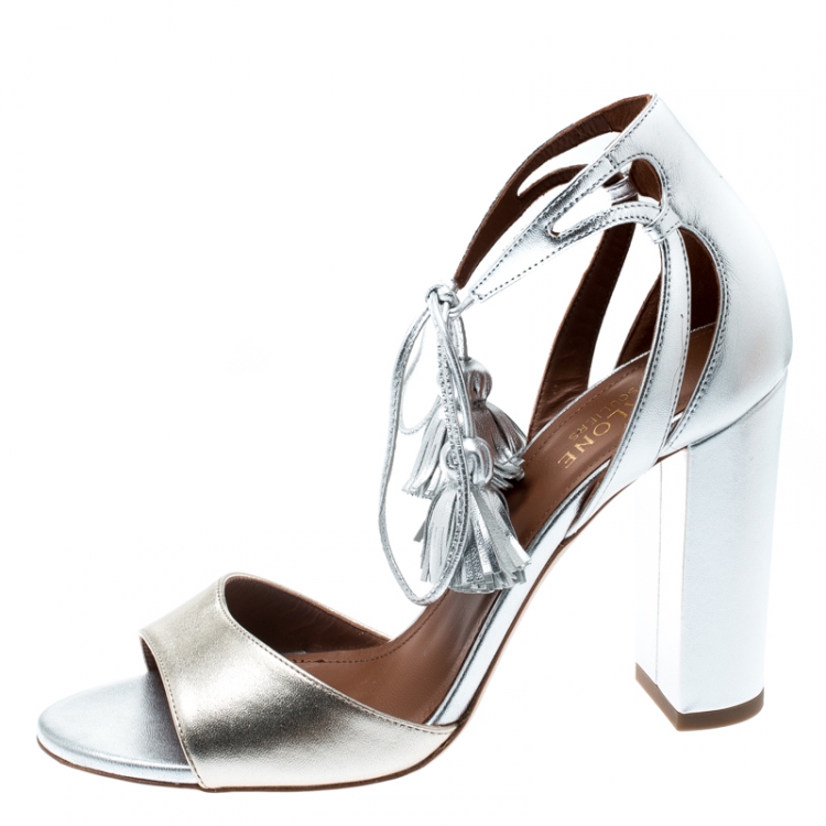 Pre Owned Malone Souliers Metallic Silver/Gold Leather Gladys Ankle Tassel Wrap Open Toe Sandals Size 37
