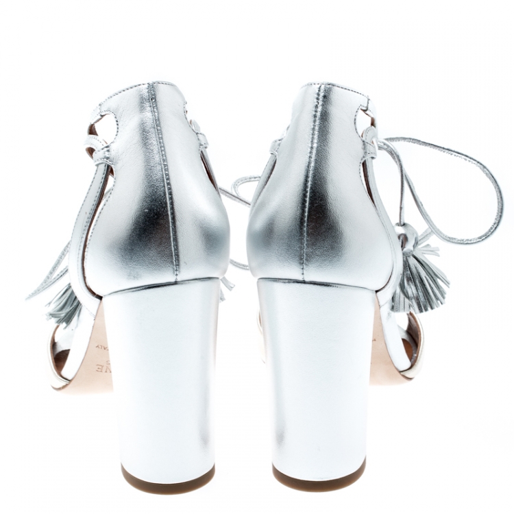 Pre Owned Malone Souliers Metallic Silver/Gold Leather Gladys Ankle Tassel Wrap Open Toe Sandals Size 37