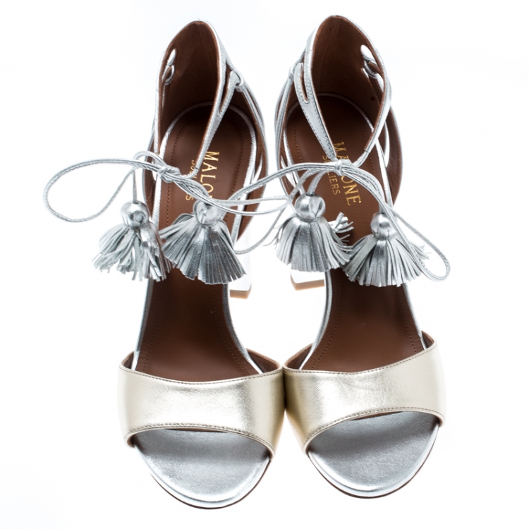 Pre Owned Malone Souliers Metallic Silver/Gold Leather Gladys Ankle Tassel Wrap Open Toe Sandals Size 37