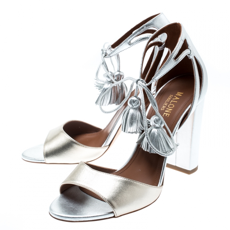 Pre Owned Malone Souliers Metallic Silver/Gold Leather Gladys Ankle Tassel Wrap Open Toe Sandals Size 37