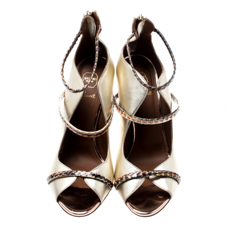 Pre Owned Malone Souliers By Roy Luwolt Metallic Gold And Python Leather Mika Triple Band Peep Toe Pumps Size 39