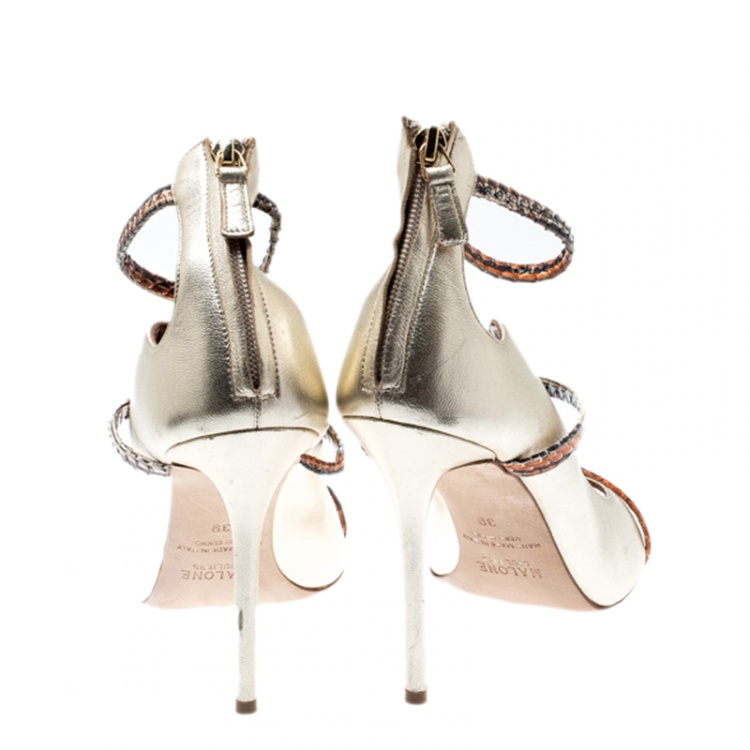 Pre Owned Malone Souliers By Roy Luwolt Metallic Gold And Python Leather Mika Triple Band Peep Toe Pumps Size 39