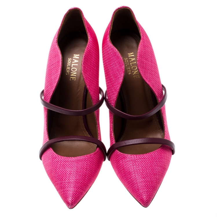 Pre Owned Malone Souliers Pink/Purple Canvas Maureen Pointed Toe Pumps Size 38.5