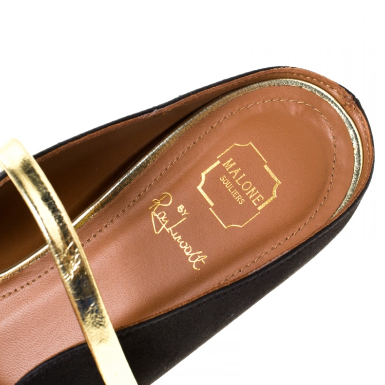 Pre Owned Malone Souliers Black/Gold Satin Maureen Pointed Toe Flats Size 39.5