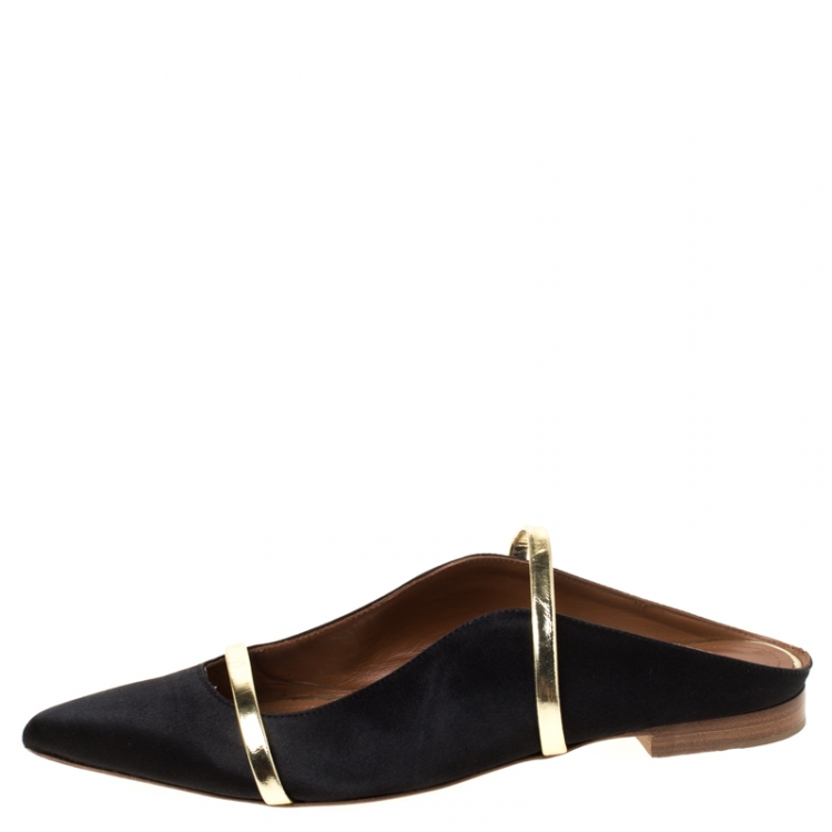Pre Owned Malone Souliers Black/Gold Satin Maureen Pointed Toe Flats Size 39.5