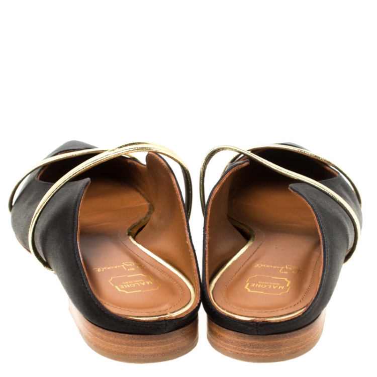 Pre Owned Malone Souliers Black/Gold Satin Maureen Pointed Toe Flats Size 39.5