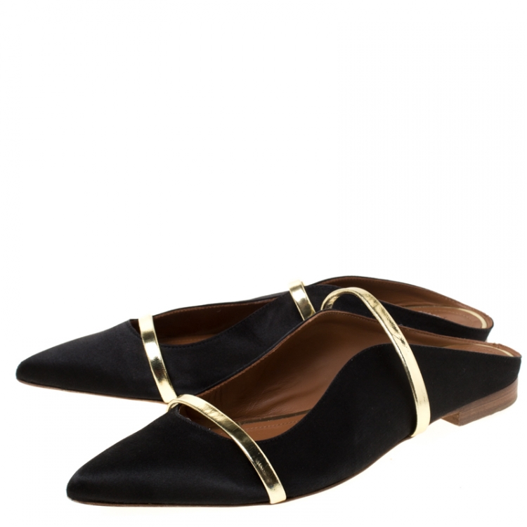 Pre Owned Malone Souliers Black/Gold Satin Maureen Pointed Toe Flats Size 39.5