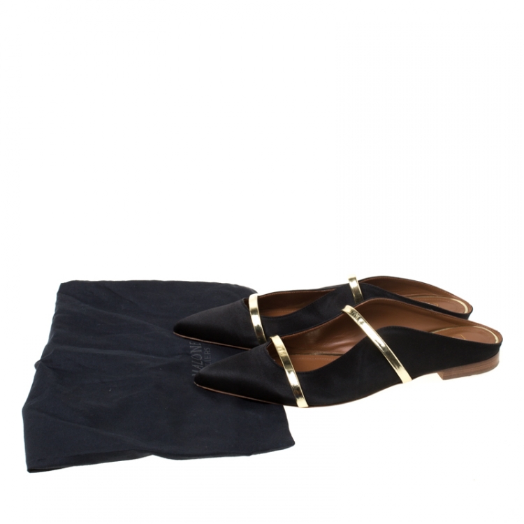 Pre Owned Malone Souliers Black/Gold Satin Maureen Pointed Toe Flats Size 39.5