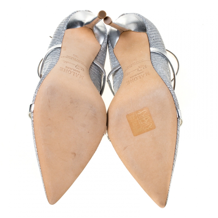 Pre Owned Malone Souliers Silver Glitter Fabric and Patent Leather Robyn Ankle Strap Pumps Size 36