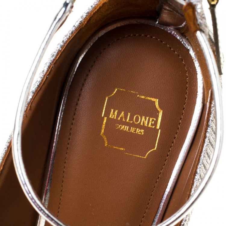 Pre Owned Malone Souliers Silver Glitter Fabric and Patent Leather Robyn Ankle Strap Pumps Size 36