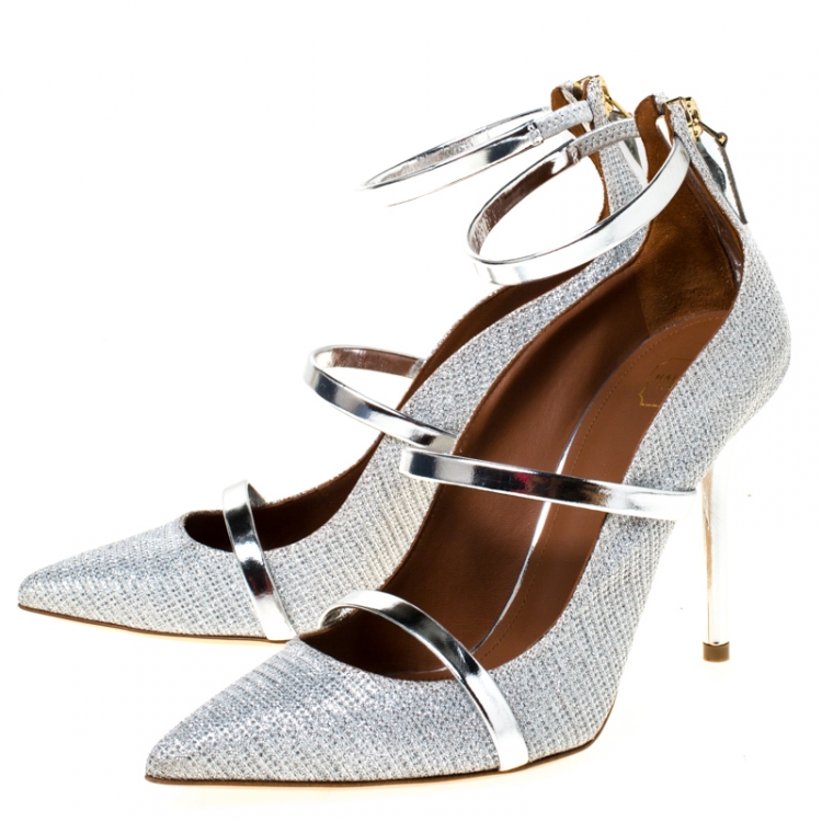 Pre Owned Malone Souliers Silver Glitter Fabric and Patent Leather Robyn Ankle Strap Pumps Size 36