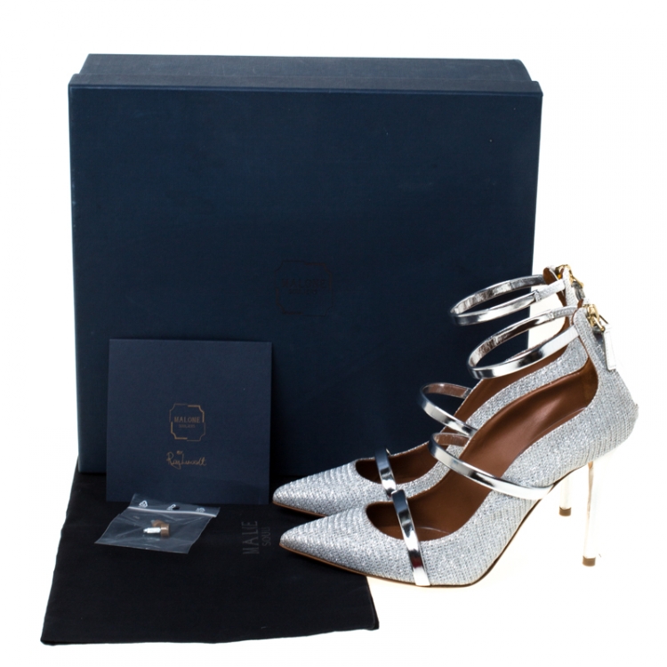Pre Owned Malone Souliers Silver Glitter Fabric and Patent Leather Robyn Ankle Strap Pumps Size 36