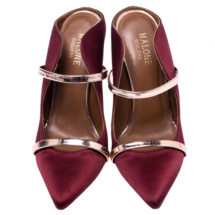 Pre Owned Malone Souliers Burgundy Satin Maureen Pointed Toe Mules Size 35