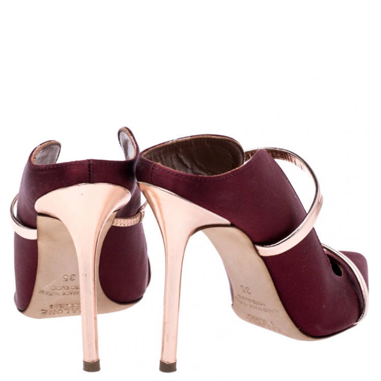 Pre Owned Malone Souliers Burgundy Satin Maureen Pointed Toe Mules Size 35