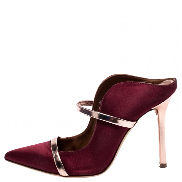 Pre Owned Malone Souliers Burgundy Satin Maureen Pointed Toe Mules Size 35