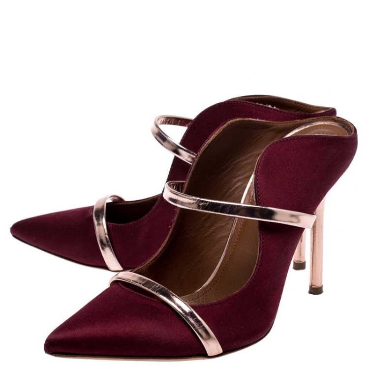 Pre Owned Malone Souliers Burgundy Satin Maureen Pointed Toe Mules Size 35