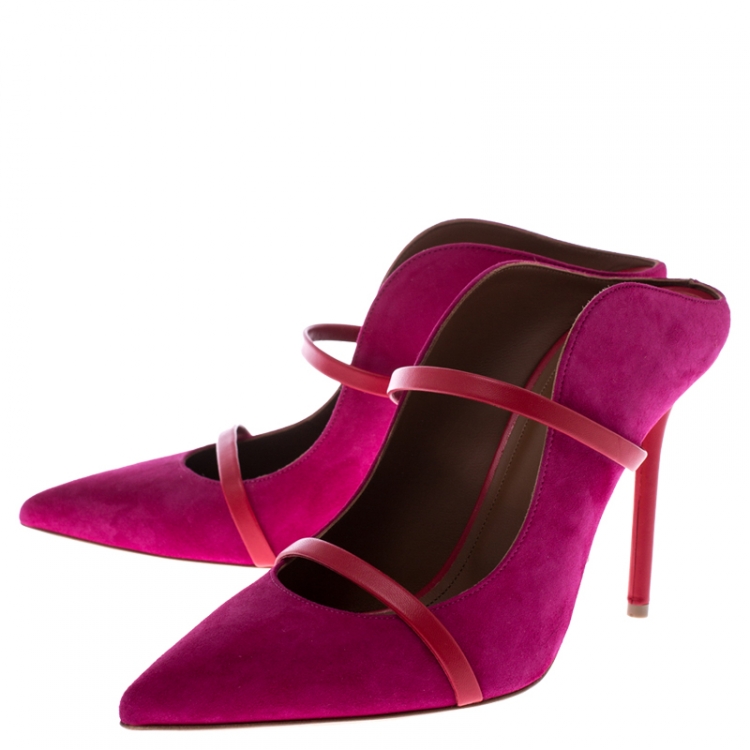 مملوكة مسبقًا Malone Souliers Pink Suede And Red Leather Trim Maureen Pointed Toe Mules Size 40