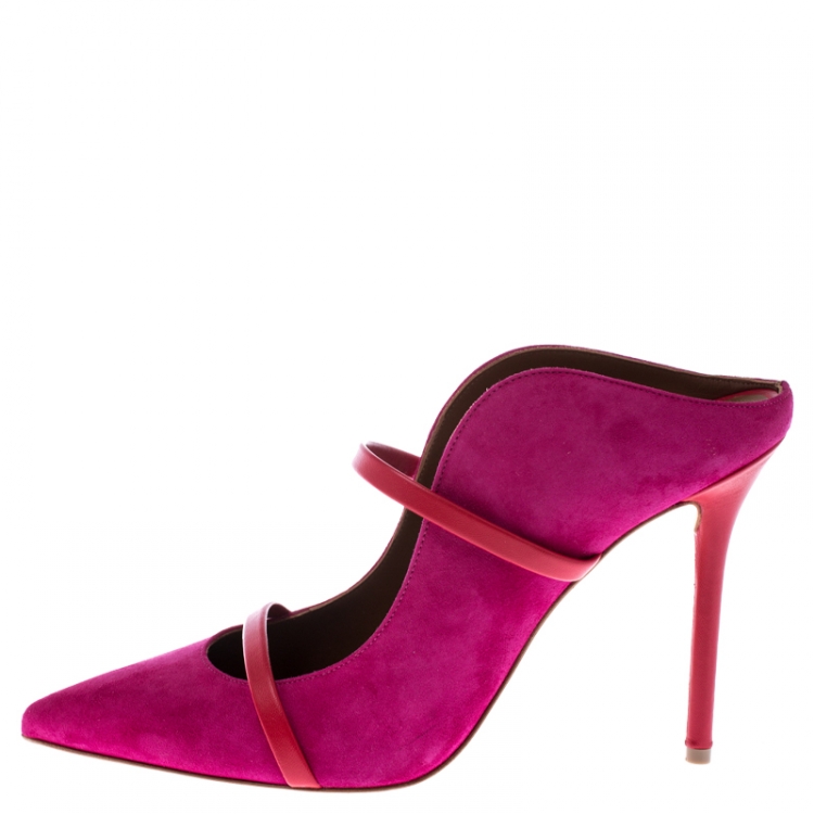 مملوكة مسبقًا Malone Souliers Pink Suede And Red Leather Trim Maureen Pointed Toe Mules Size 40