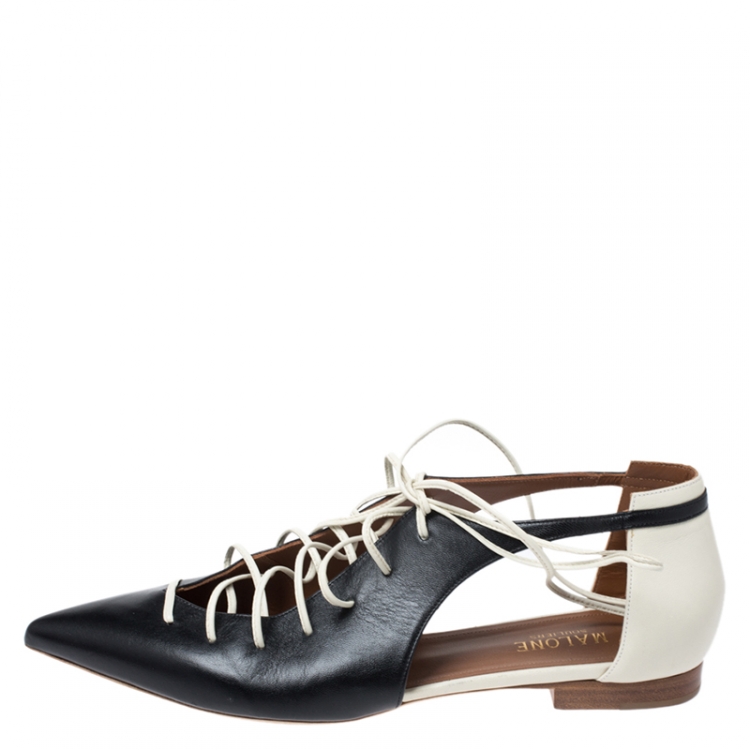 مملوكة مسبقًا Malone Souliers Monochrome Leather Montana Lace Up Pointed Toe Flats Size 39