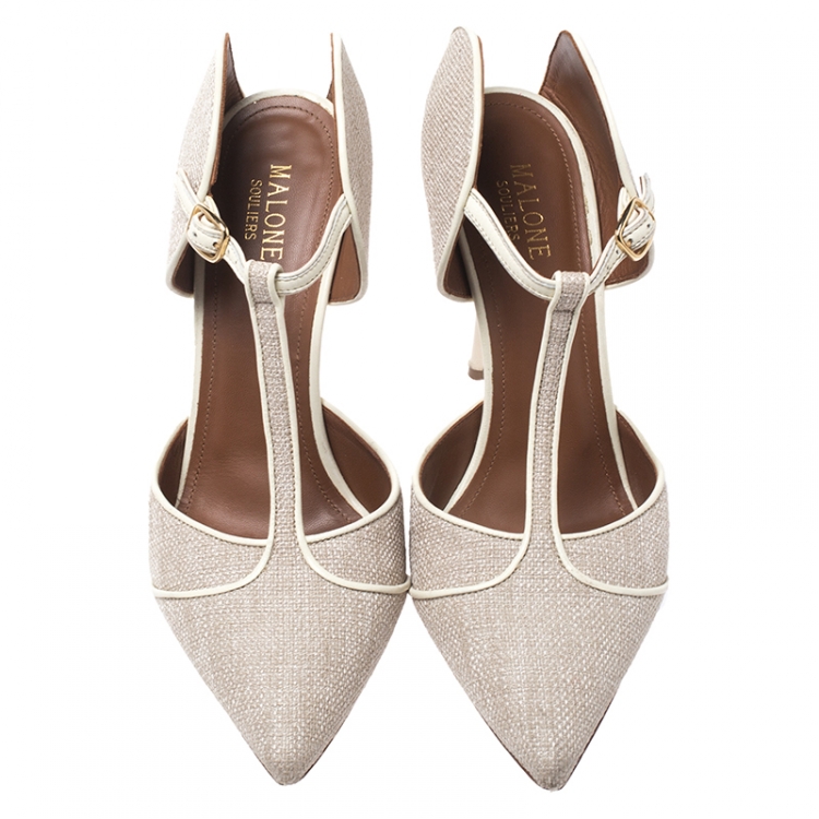 Pre Owned Malone Souliers Beige Canvas And Leather Trim Imogen Pumps Size 39