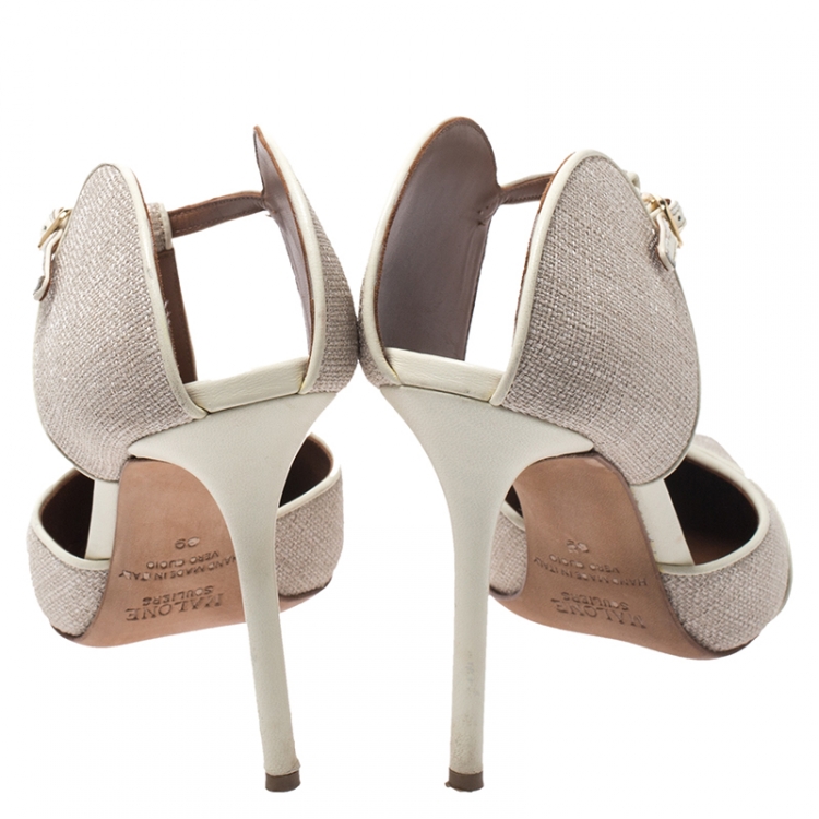 Pre Owned Malone Souliers Beige Canvas And Leather Trim Imogen Pumps Size 39