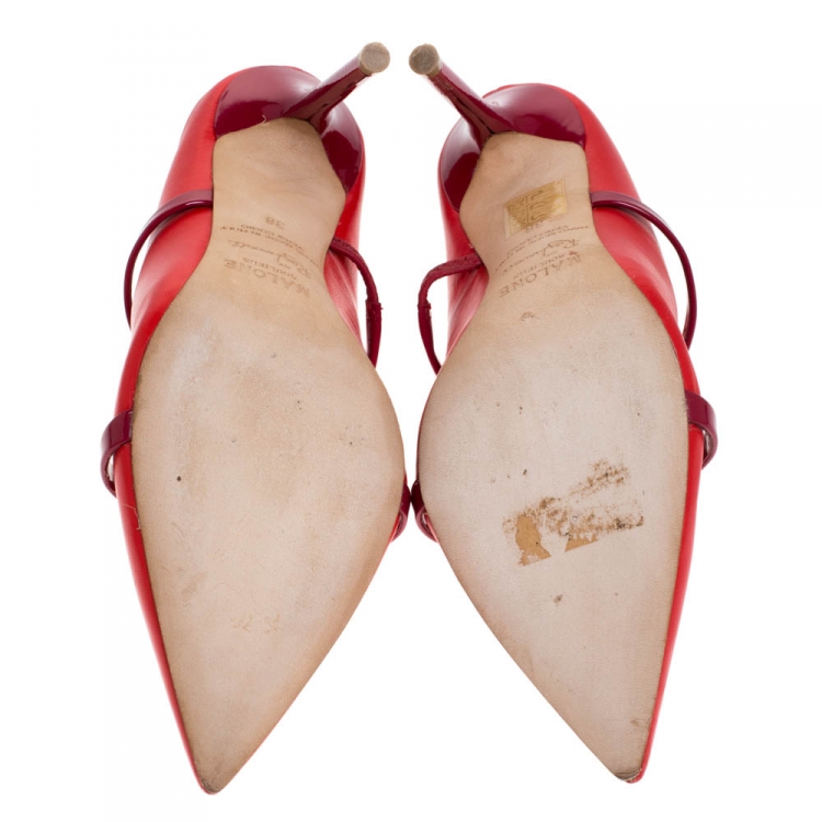 مملوكة مسبقًا Malone Souliers Red/Maroon Leather And Patent Leather Maureen Pointed Toe Mules Size 38