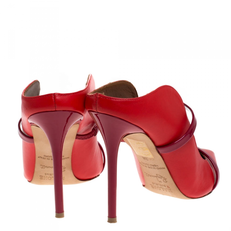 مملوكة مسبقًا Malone Souliers Red/Maroon Leather And Patent Leather Maureen Pointed Toe Mules Size 38
