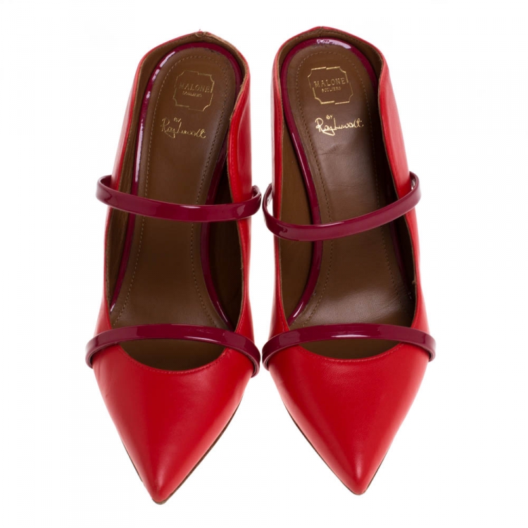 مملوكة مسبقًا Malone Souliers Red/Maroon Leather And Patent Leather Maureen Pointed Toe Mules Size 38