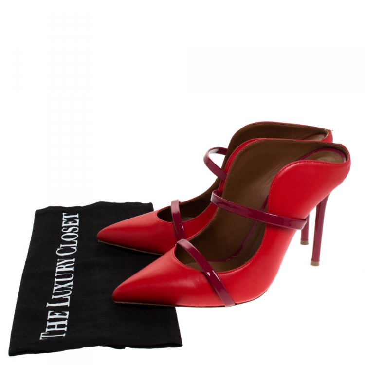 مملوكة مسبقًا Malone Souliers Red/Maroon Leather And Patent Leather Maureen Pointed Toe Mules Size 38
