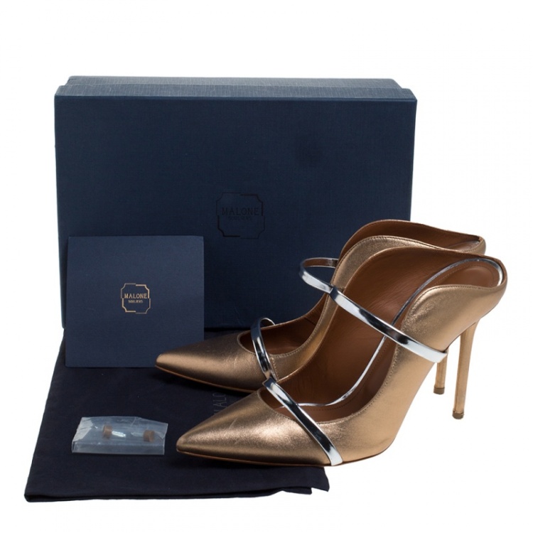 مملوكة مسبقًا Malone Souliers Rose Gold//Silver Leather Maureen Pointed Toe Mules Size 41