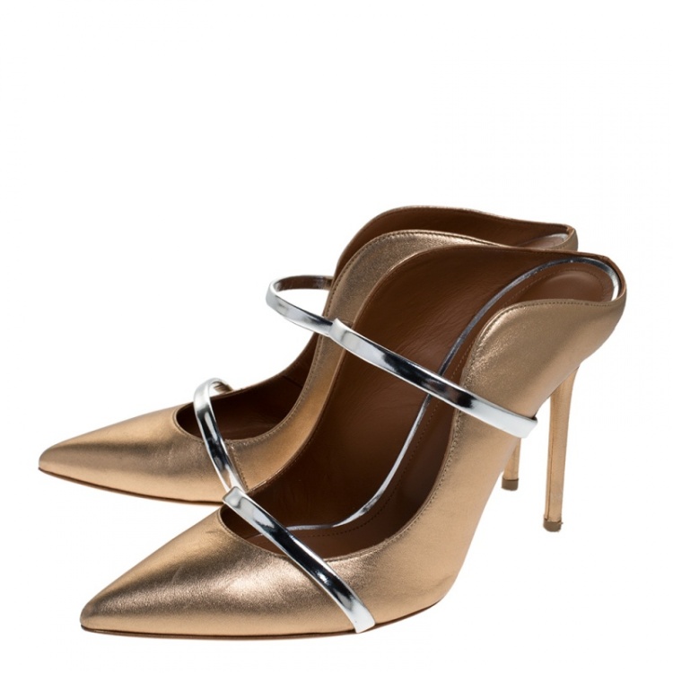 مملوكة مسبقًا Malone Souliers Rose Gold//Silver Leather Maureen Pointed Toe Mules Size 41
