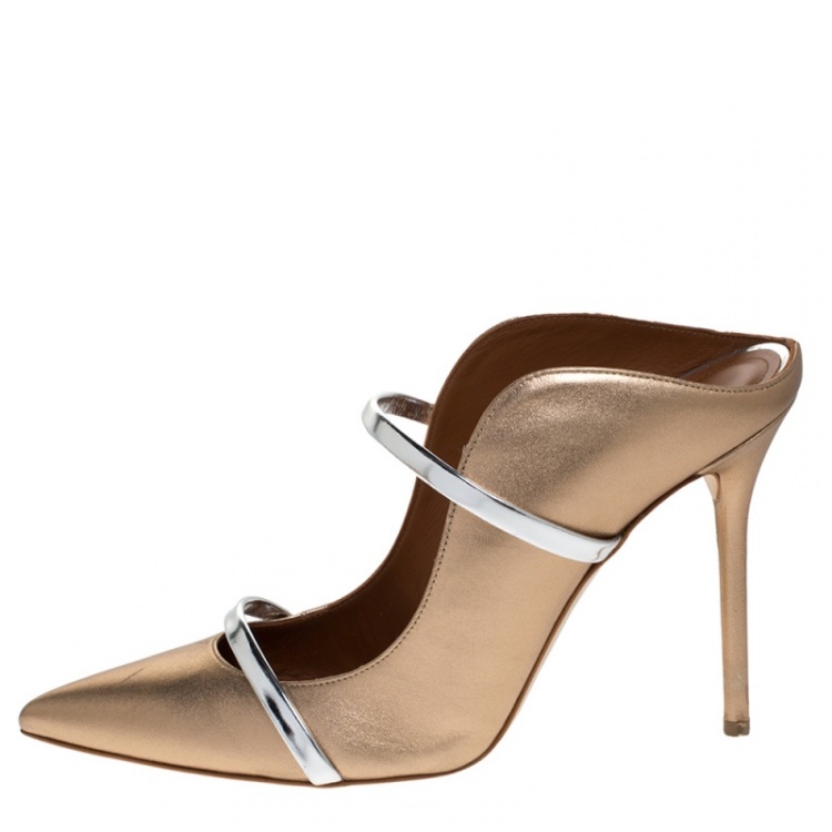 مملوكة مسبقًا Malone Souliers Rose Gold//Silver Leather Maureen Pointed Toe Mules Size 41