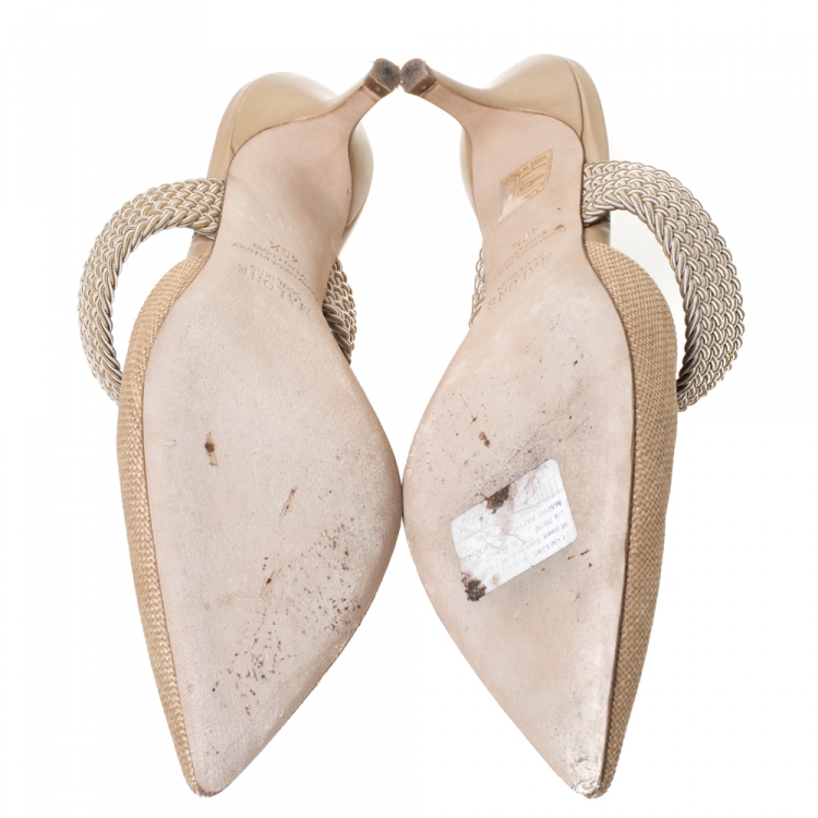 Pre Owned Malone Soulier Cream Raffia and Cord Maisie Pointed Toe Mules Size 40.5