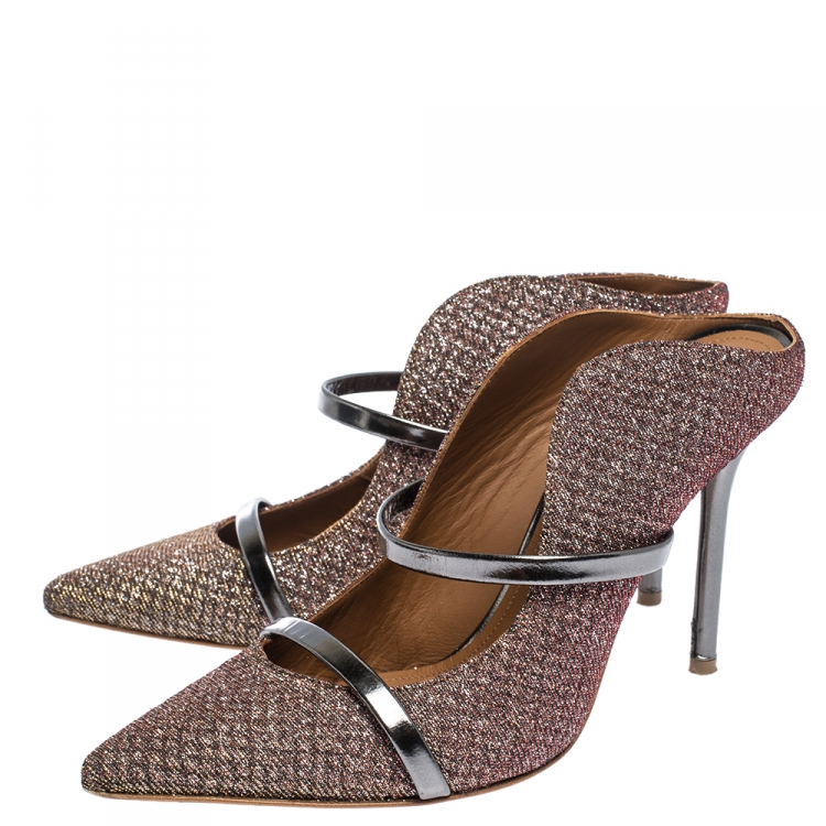 Pre Owned Malone Souliers Metallic Moire Fabric Maureen Pointed Toe Mules Size 37.5