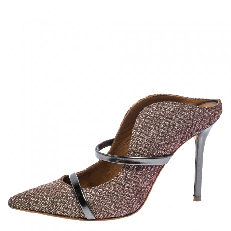 Pre Owned Malone Souliers Metallic Moire Fabric Maureen Pointed Toe Mules Size 37.5