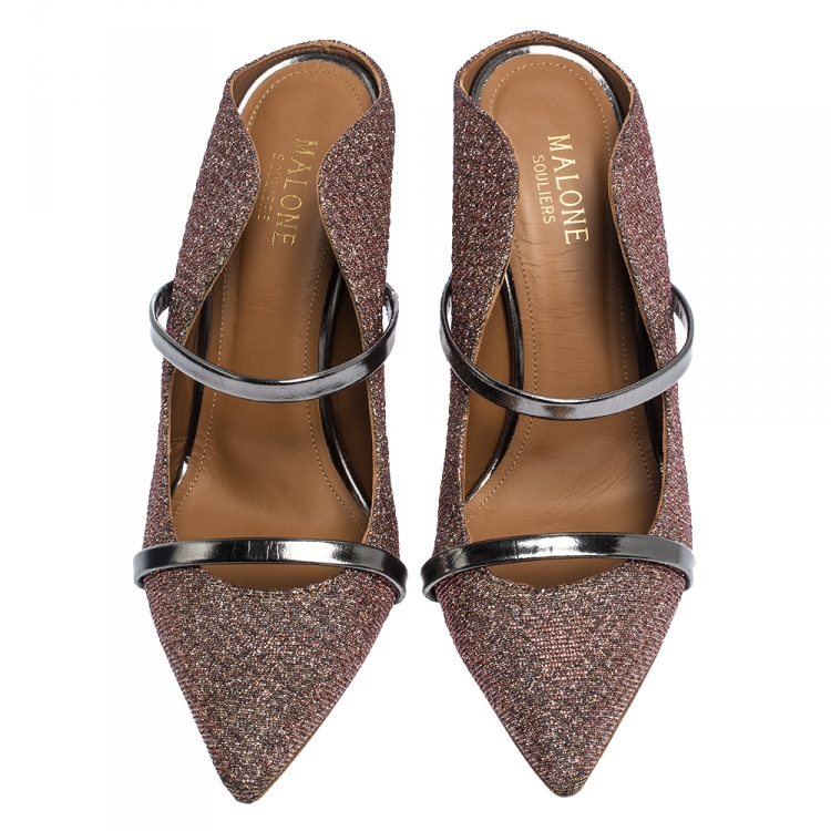 Pre Owned Malone Souliers Metallic Moire Fabric Maureen Pointed Toe Mules Size 37.5