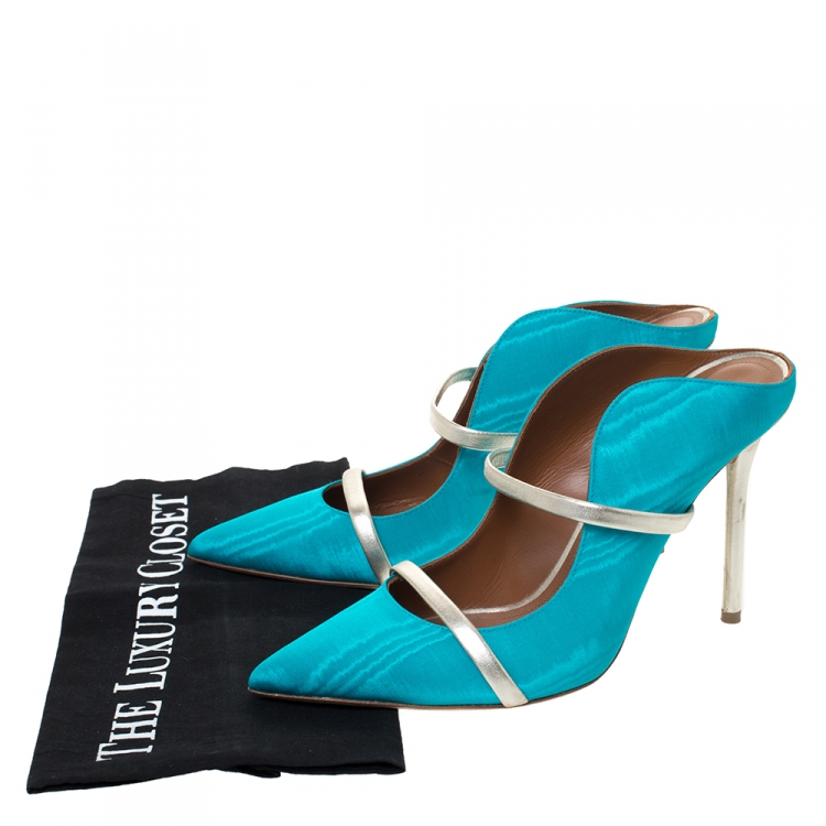 Pre Owned Malone Souliers Blue Moire Fabric Maureen Pointed Toe Mules Size 39