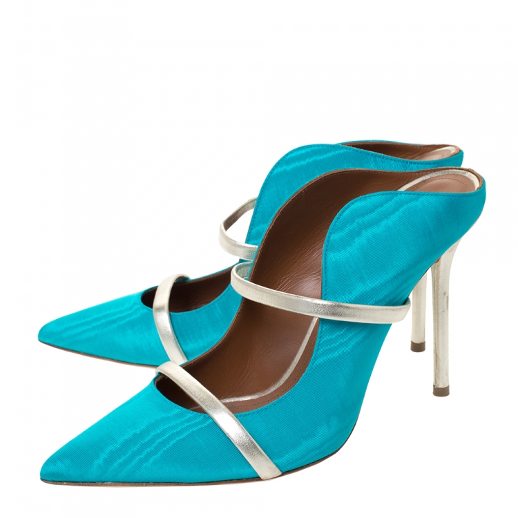 Pre Owned Malone Souliers Blue Moire Fabric Maureen Pointed Toe Mules Size 39