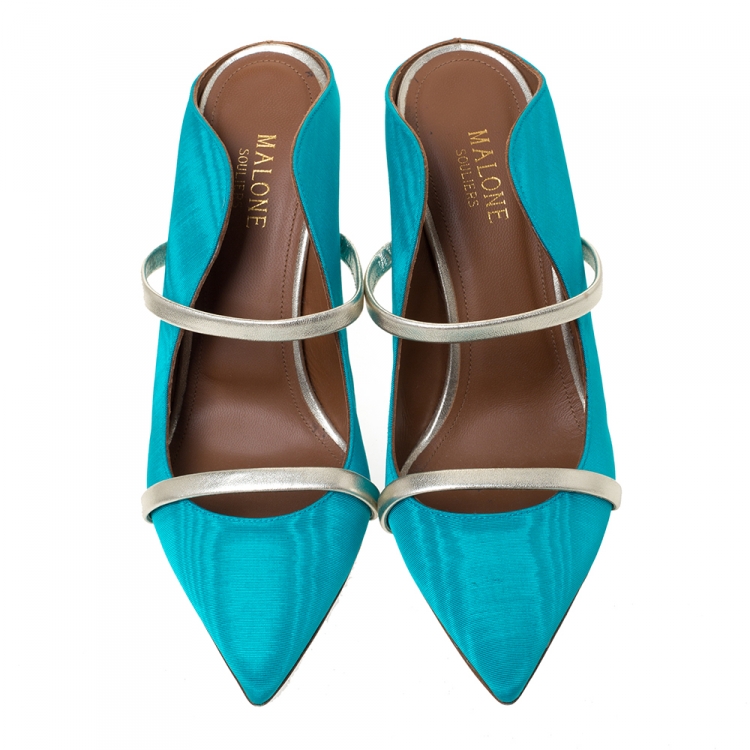 Pre Owned Malone Souliers Blue Moire Fabric Maureen Pointed Toe Mules Size 39